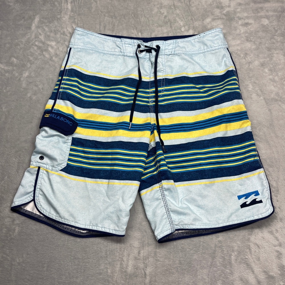 Billabong Board Shorts Mens 34‎ Blue Yellow Striped Swim Trunks Cargo Pocket Y2K